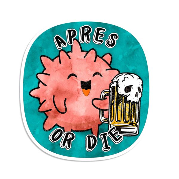 Cartoon Graphic Sticker of Covid Illustration with Death Beer Mug and text Apres or Die