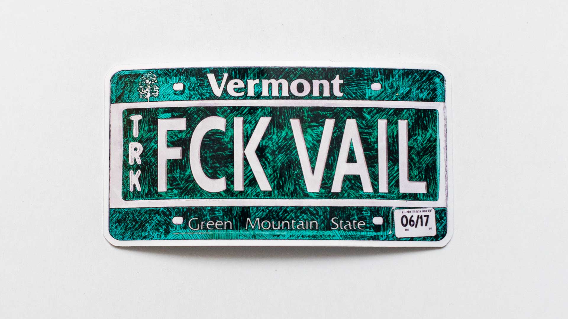 Vinyl Sticker of Vermont License Plate with letters FCK VAIL