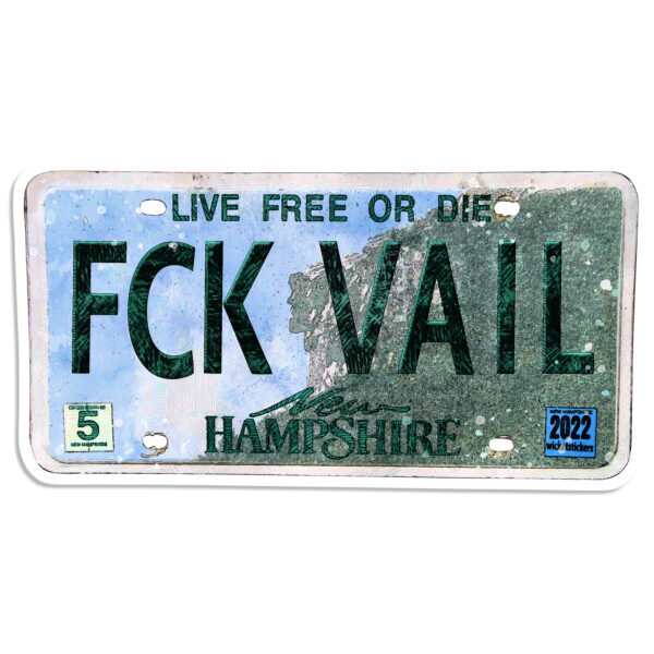 Sticker of Graphic featuring New Hampshire license plate that reads FCK VAIL