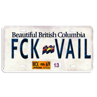 Sticker of Graphic featuring British Columbia, Canada license plate that reads FCK VAIL