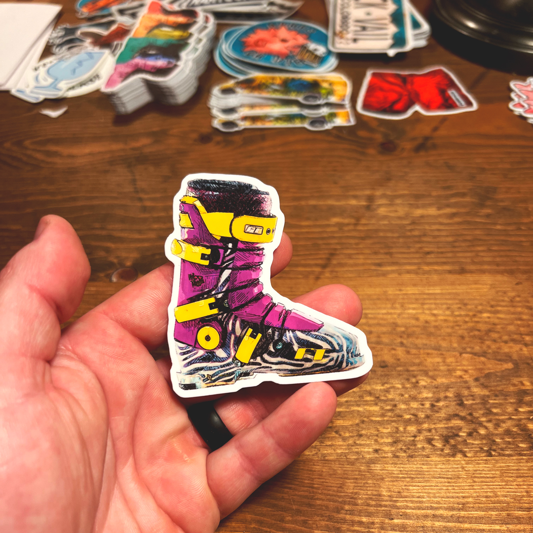 Illustrated Ski Boot Sticker in hand