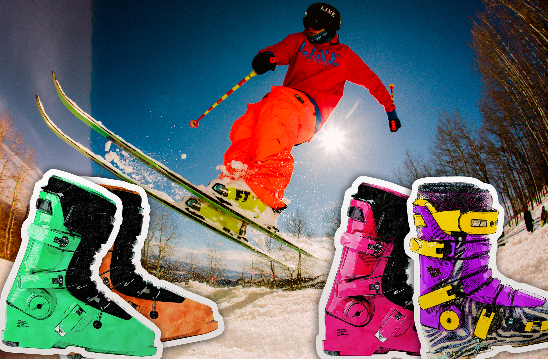 Graphic of stickers featuring ski boots overlaid on photo of skier Andy Parry