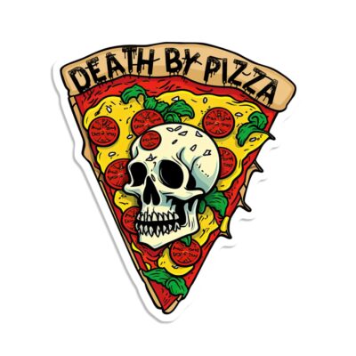 Graphic vinyl sticker of pizza with skull embedded in the slice and text reading "Death by Pizza"
